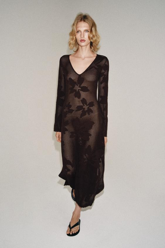 Zara - Long Knit Dress - Brown - M - Woman | Zara UK