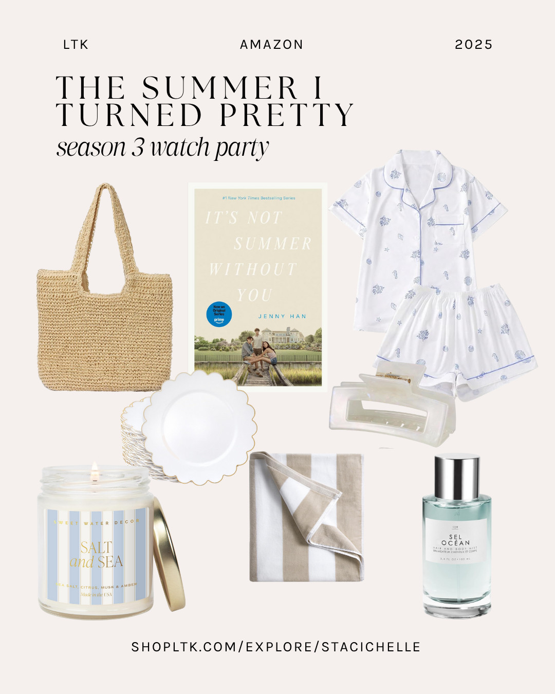 Ready for The Summer I Turned Pretty watch party! Think beach bag vibes, cozy beachy PJs, the book, sea-salt candle, beach towel, cute plates, a claw clip moment, and a splash of body spray. Summer feels, incoming! 

 #LTKSeasonal #LTKParties