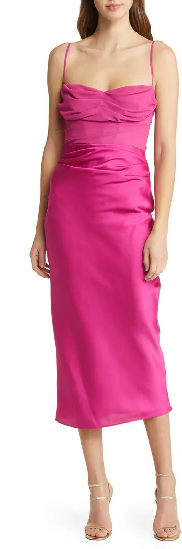 Teia Satin & Georgette Corset Midi Dress | Nordstrom