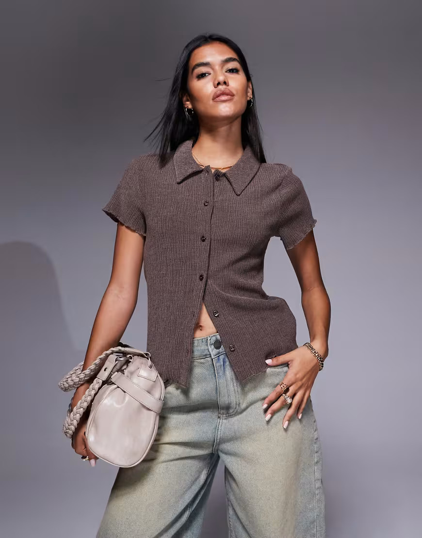 ASOS DESIGN textured button up short sleeve shirt in brown | ASOS (Global)