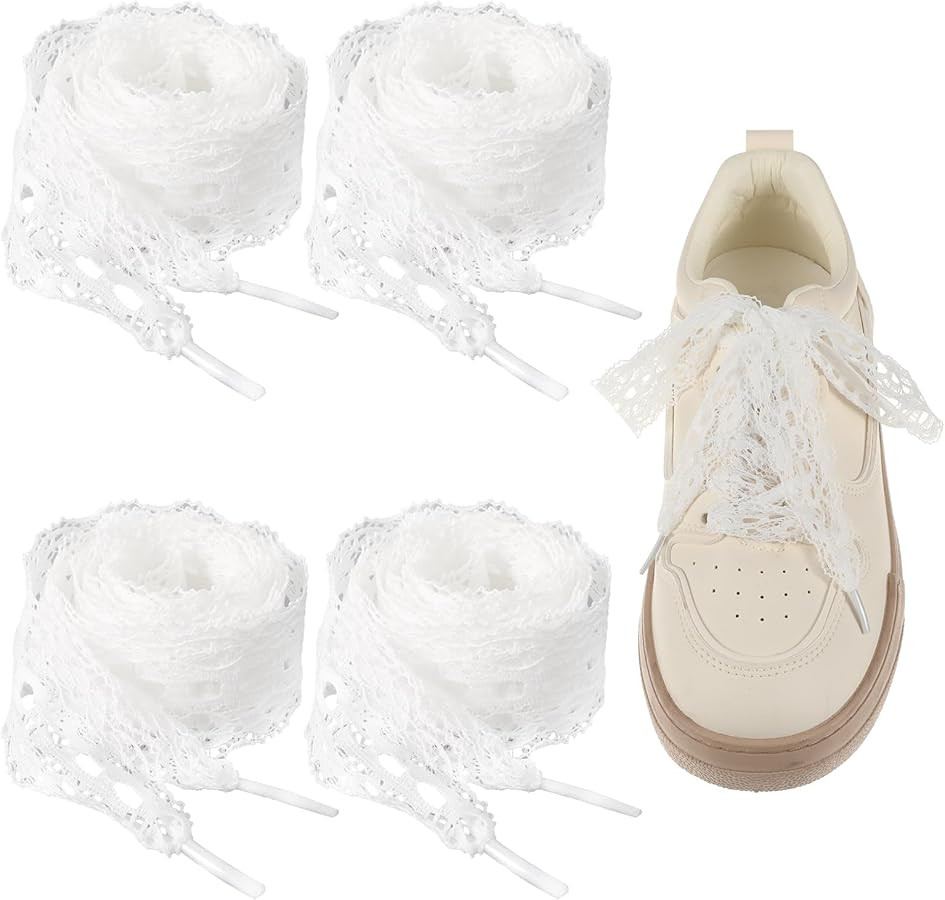 2 Pairs Lace Shoelaces for Women, Flat Fancy Elastic Shoe Laces, Ribbon Shoe Laces White, 3CM Wid... | Amazon (US)