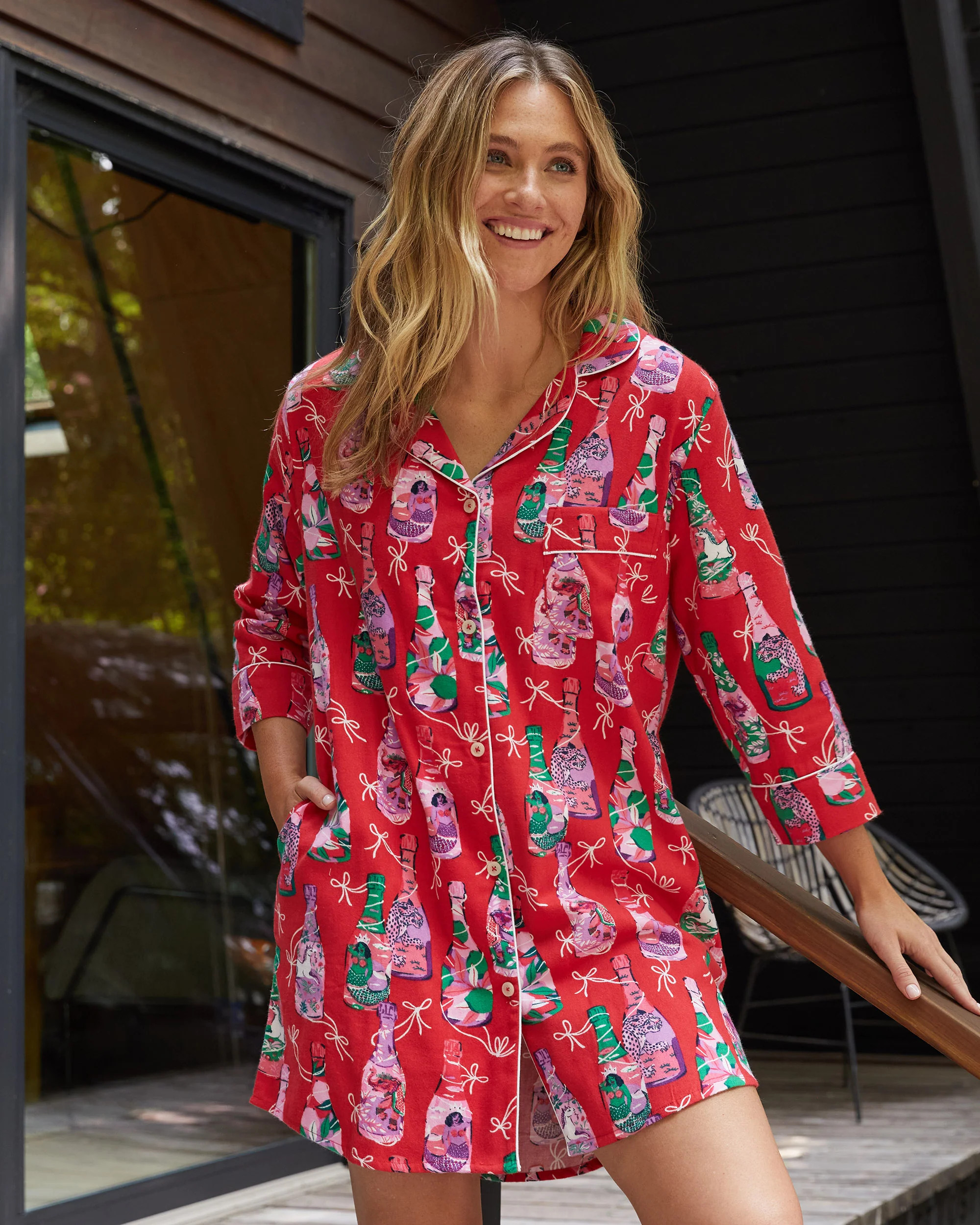 Pop the Bubbly - Brushed Twill Sleep Shirt - Red Stocking | Printfresh