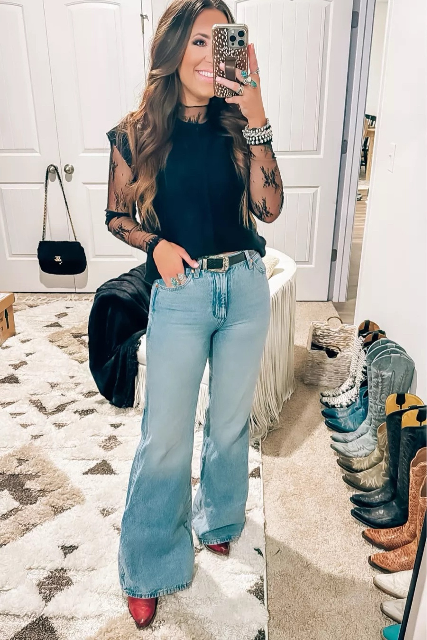 The best black lace top styled with flare jeans from Wrangler. Also a cute red cowboy boots outfit idea! Follow for more western chic outfits, Nashville outfits, country concert outfits, and trendy outfit ideas!
2/27

#LTKstyletip #LTKSeasonal #LTKparties