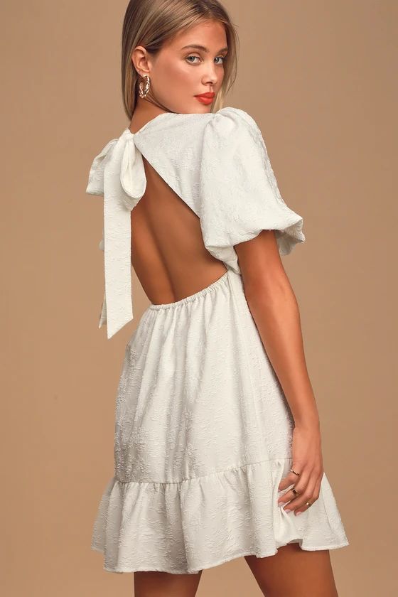 To Be You and Me White Jacquard Puff Sleeve Tie-Back Mini Dress | Lulus (US)