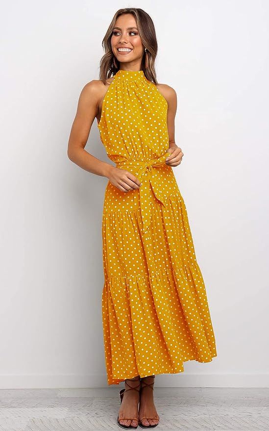 ECOWISH Women Dress Halter Neck Boho Floral Print Sleeveless Casual Backless Maxi Dresses | Amazon (US)
