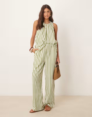 ASOS DESIGN straight leg seersucker pants in khaki stripe - part of a set | ASOS (Global)