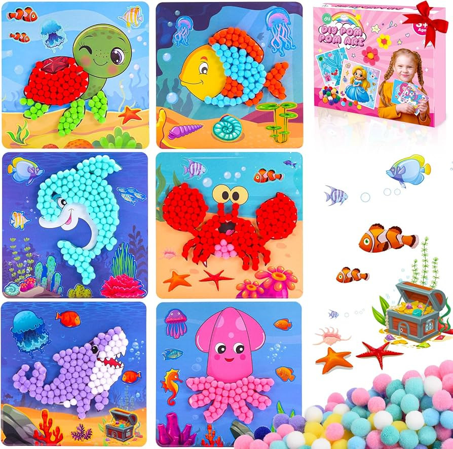 Girls Gifts Pom Pom Crafts 6PCS 7.9-Inch, Pom Pom Art Kit & Crafts for Kids Ages 2-4 4-8 6-8, Tod... | Amazon (US)