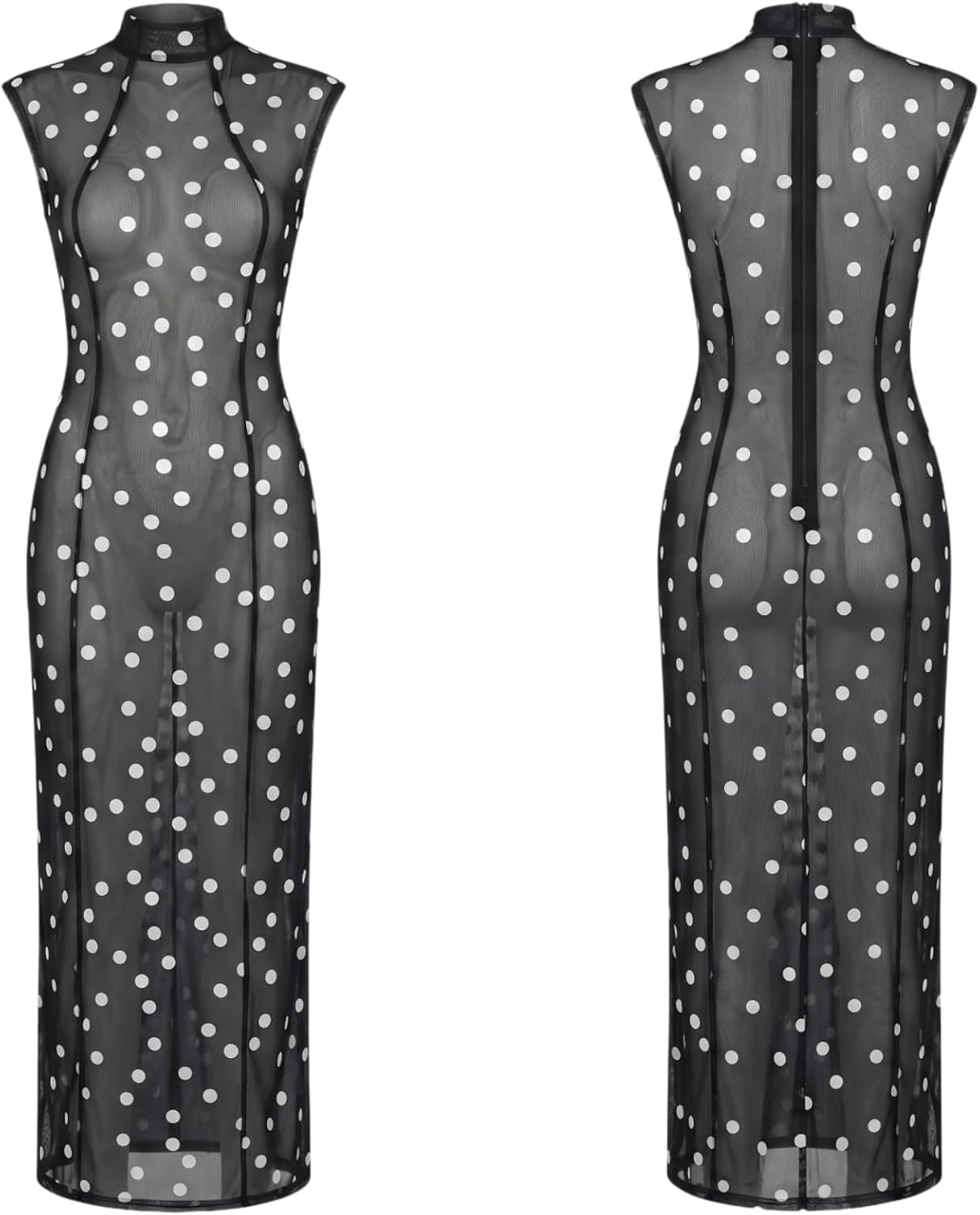Coquette Sheer Mesh Polka Dot Maxi Dress for Women Mock Neck Sleeveless Beach Cover Up See Through Bodycon Party Dress | Amazon (US)