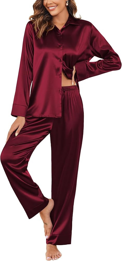 Ekouaer Classic Satin Pajamas for Women Long Sleeve Button Down Sleepwear Soft Silk Loungewear Pj... | Amazon (US)