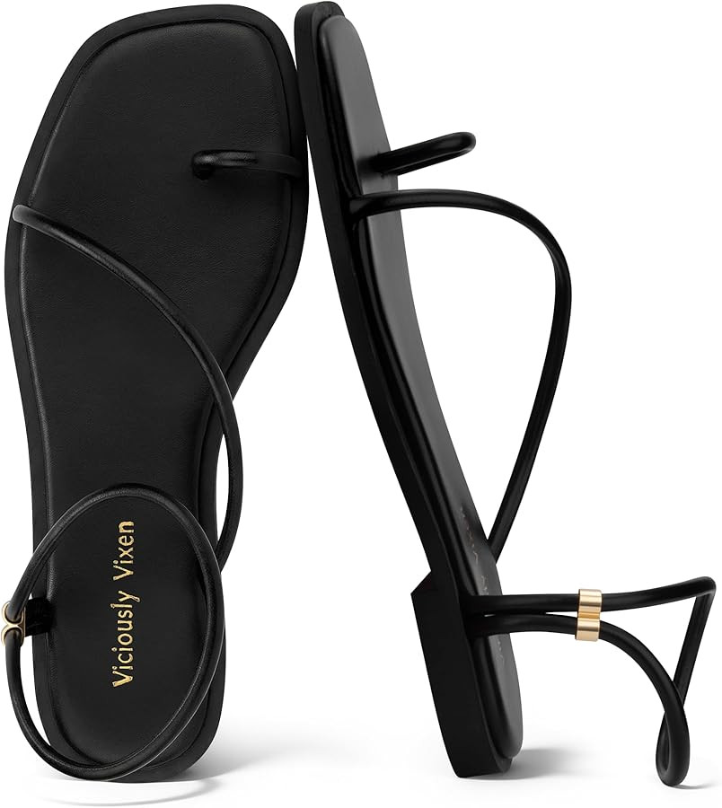 Womens Flats Loop Sandals Square Toe Strappy Ankle Strap Summer Flat | Amazon (US)