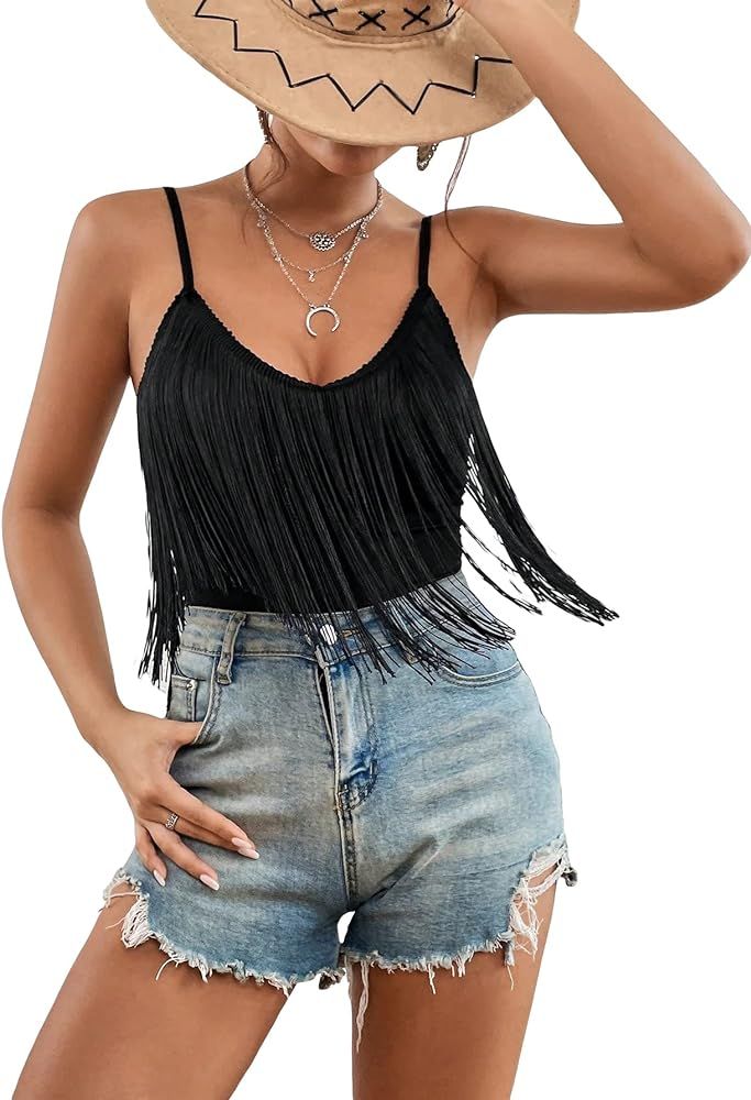 GORGLITTER Women's Fringe Cami Bodysuit Sleeveless Skinny Leotard Top | Amazon (US)