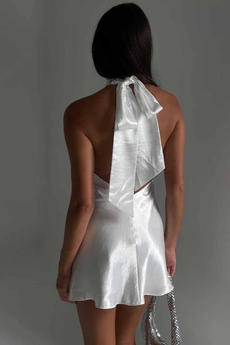 Cartia Bow Halter Micro Mini Dress - White | MESHKI US