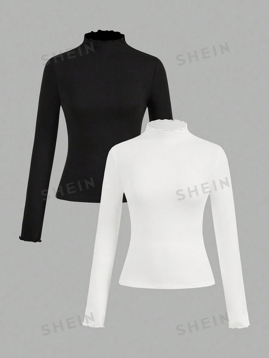 SHEIN EZwear 2pcs/Set Casual Mock Neck Form-Fitting Solid Black And White Long Sleeve Base Layer ... | SHEIN