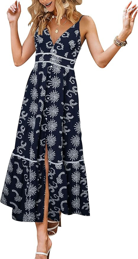 BerryGo Women's Embroidery Pearl Button Down Dress V Neck Spaghetti Strap Maxi Dress | Amazon (US)