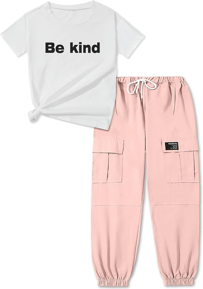 ARTMINE Girls' 2 Piece Outfits Casual Drawstring Jogger Pants and Basic Short Sleeve Top Set, 6-1... | Amazon (US)