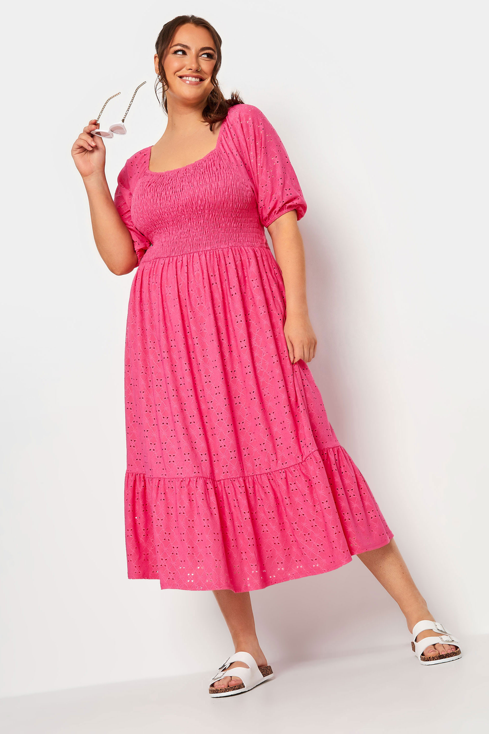 YOURS Plus Size Pink Shirred Broderie Anglaise Midaxi Dress | Yours Clothing DE