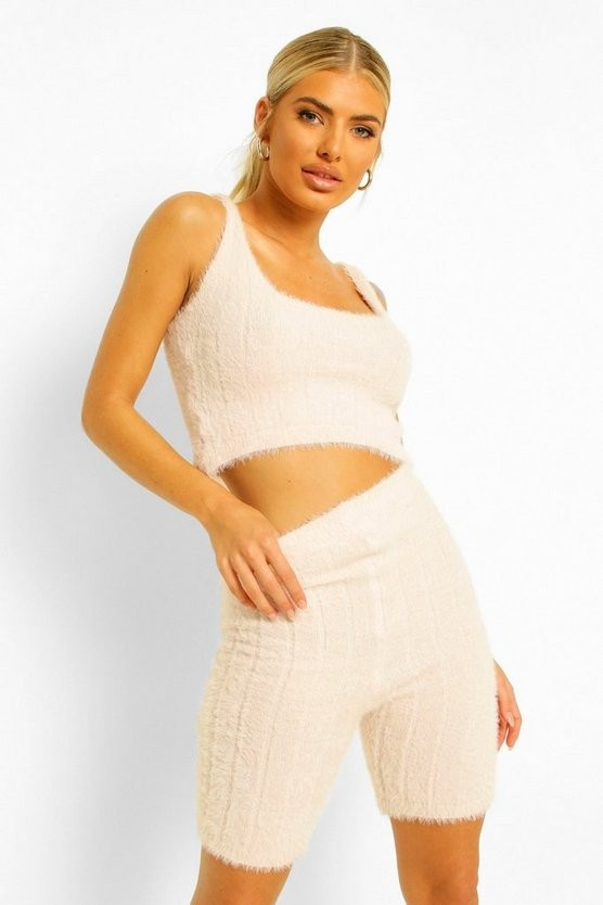 Fluffy Knit Crop And Cycle Short Set | Boohoo.com (US & CA)
