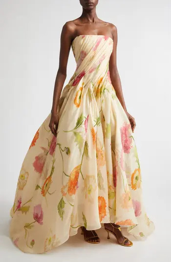 Floral Pleated Silk Strapless Gown | Nordstrom