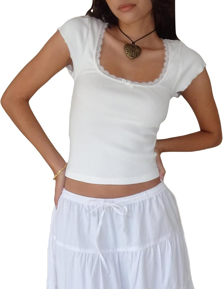 Women Square Neck Shorts Sleeve Cropped T Shirts Slim Fit Lace Trim Crop Top Y2K Ribbed Shirt Goi... | Amazon (US)