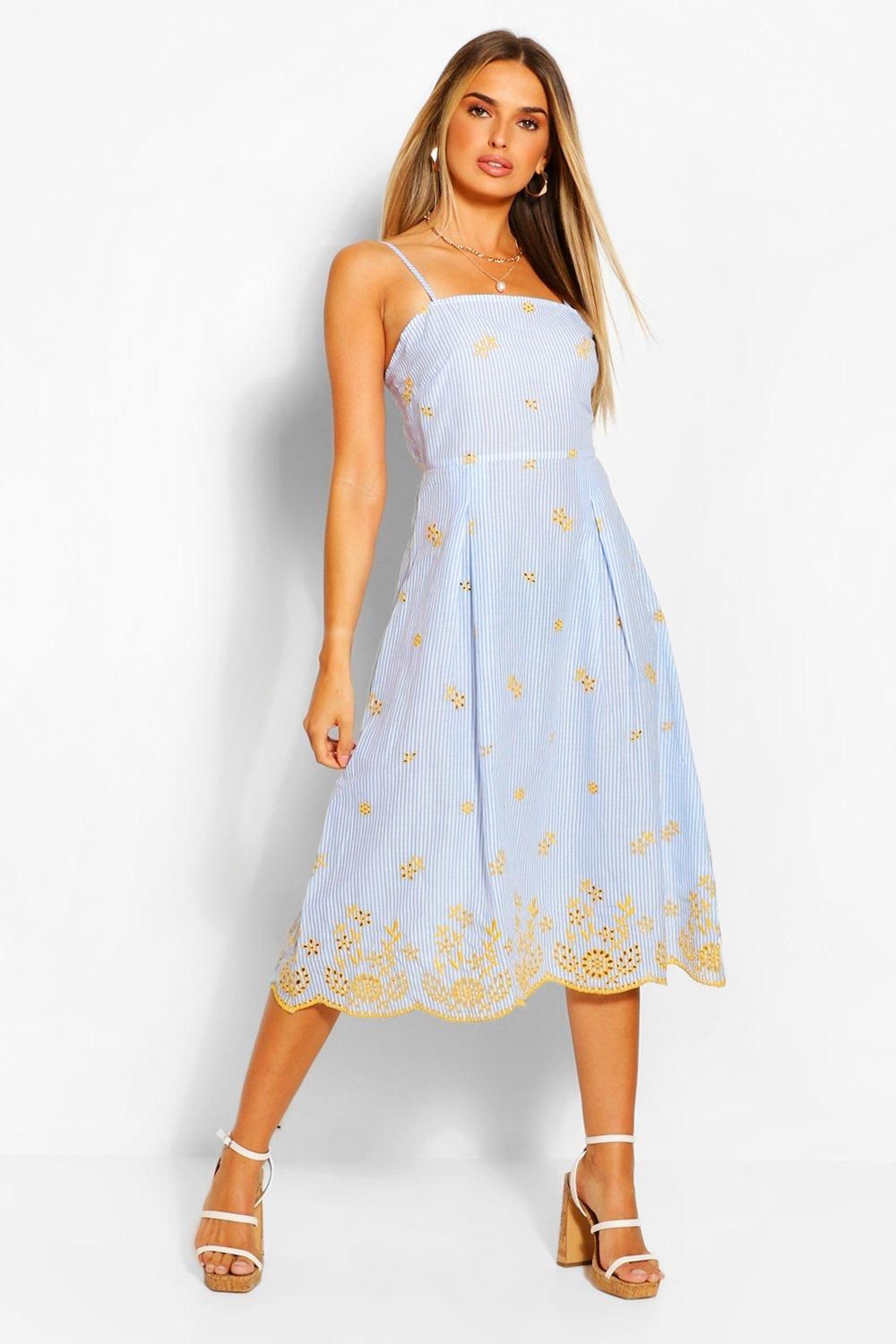 Womens Striped Embroidered Strappy Tie Back Skater Dress - Blue - 6 | Boohoo.com (US & CA)