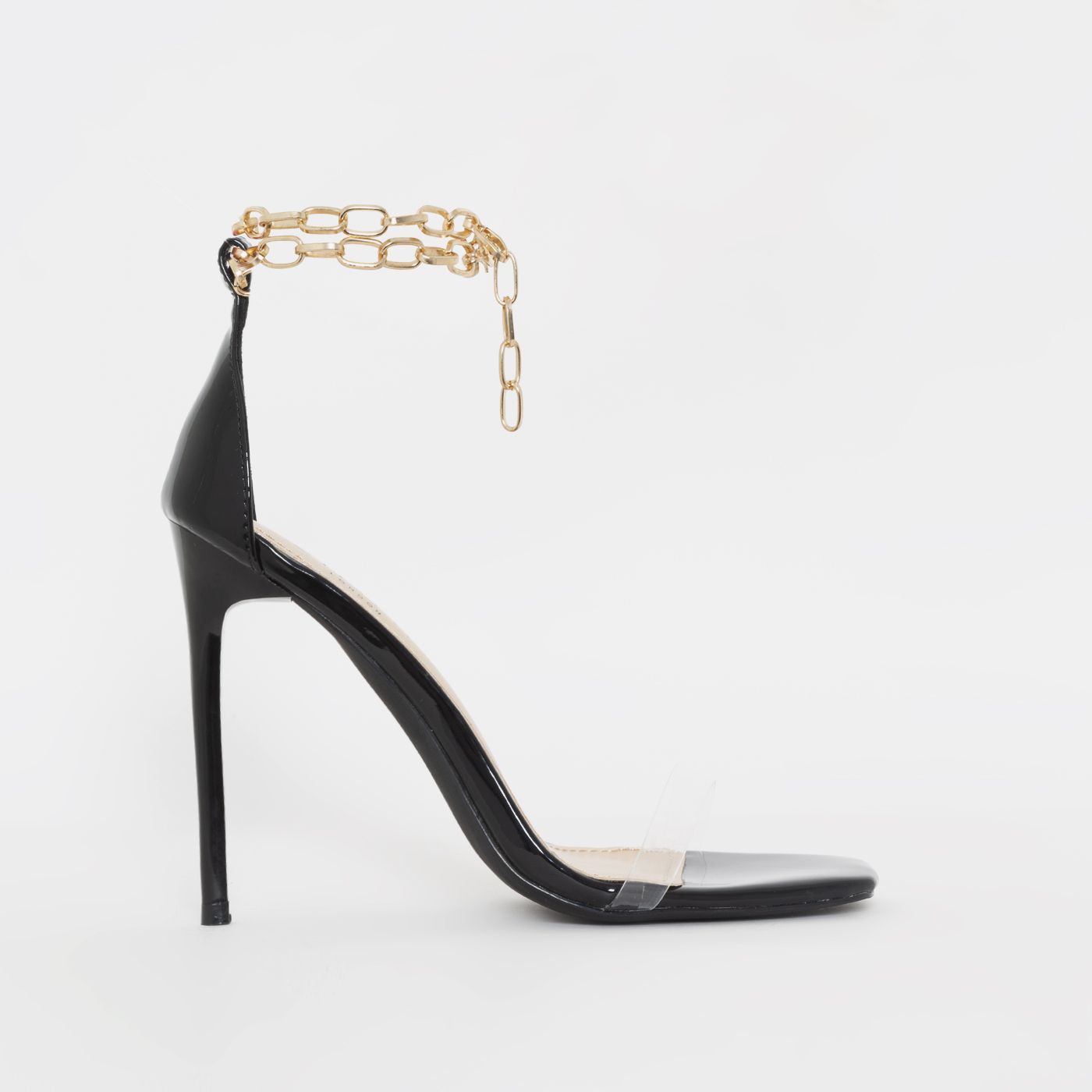 Ruiz Black Patent Clear Ankle Chain Stiletto Heels | Simmi Shoes