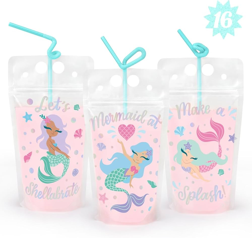 xo, Fetti Mermaid Drink Pouches - 16 count | Mermaid Birthday Party Supplies, Mermazing Baby Show... | Amazon (US)