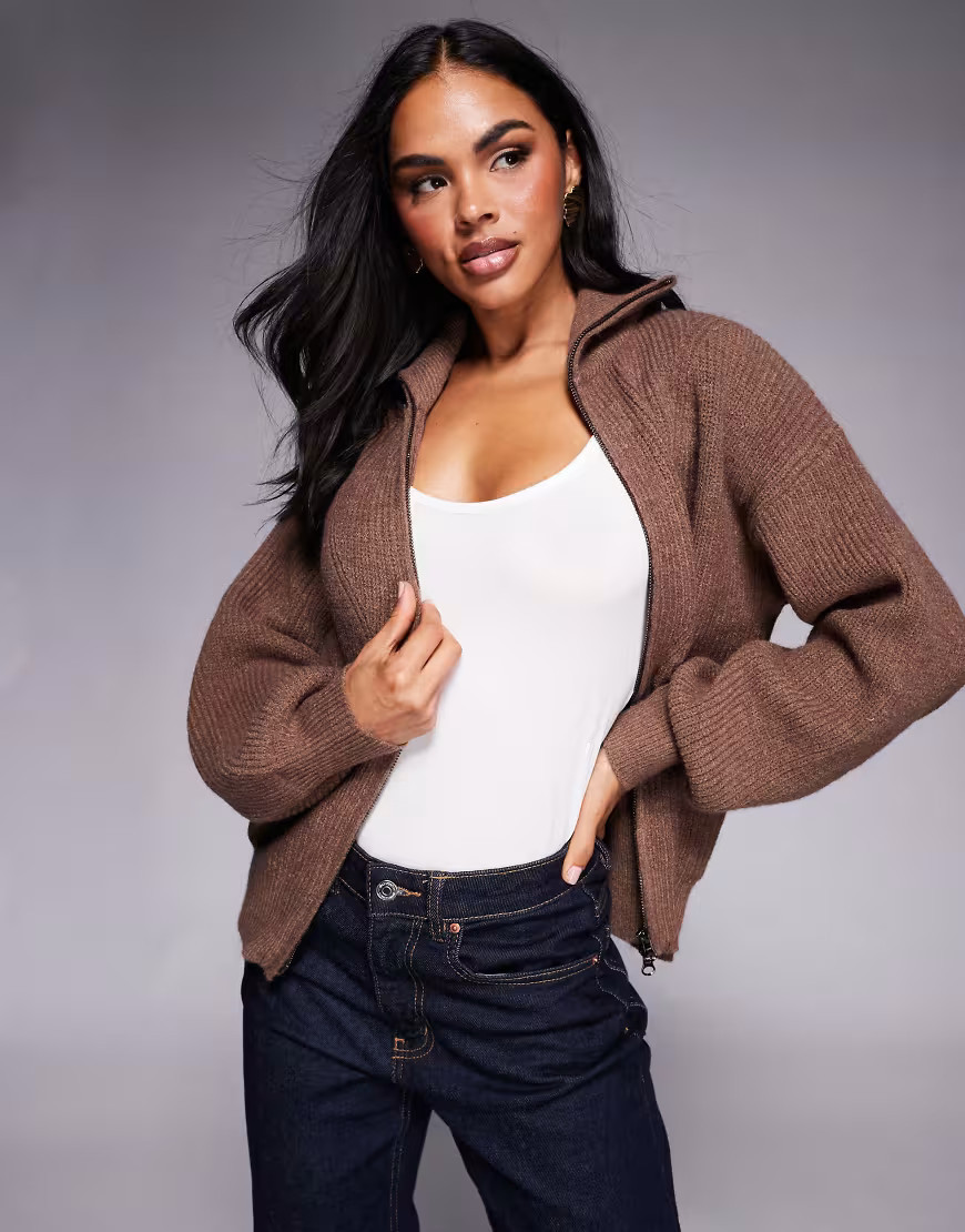 Princess Polly Hertford ribbed knit foldover collar zip through cardigan in brown | ASOS (Global)