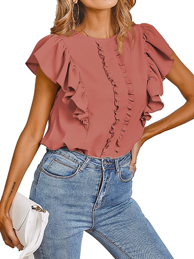 LYANER Women's Casual Ruffle Trim Short Sleeve Round Neck Blouse Shirt Top | Amazon (US)