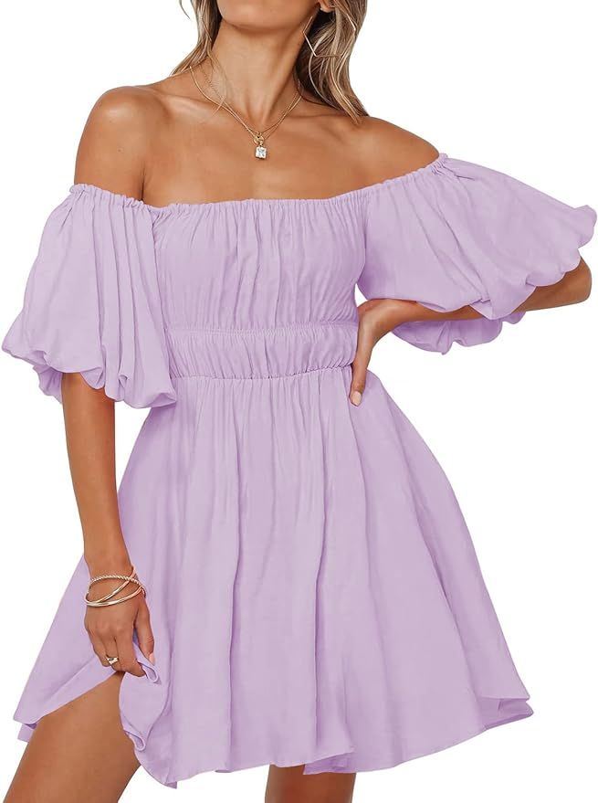 MISSJOY Women's Summer Puff Sleeve Off Shoulder Ruffled A-Line Flowy Swing Casual Beach Mini Dres... | Amazon (US)