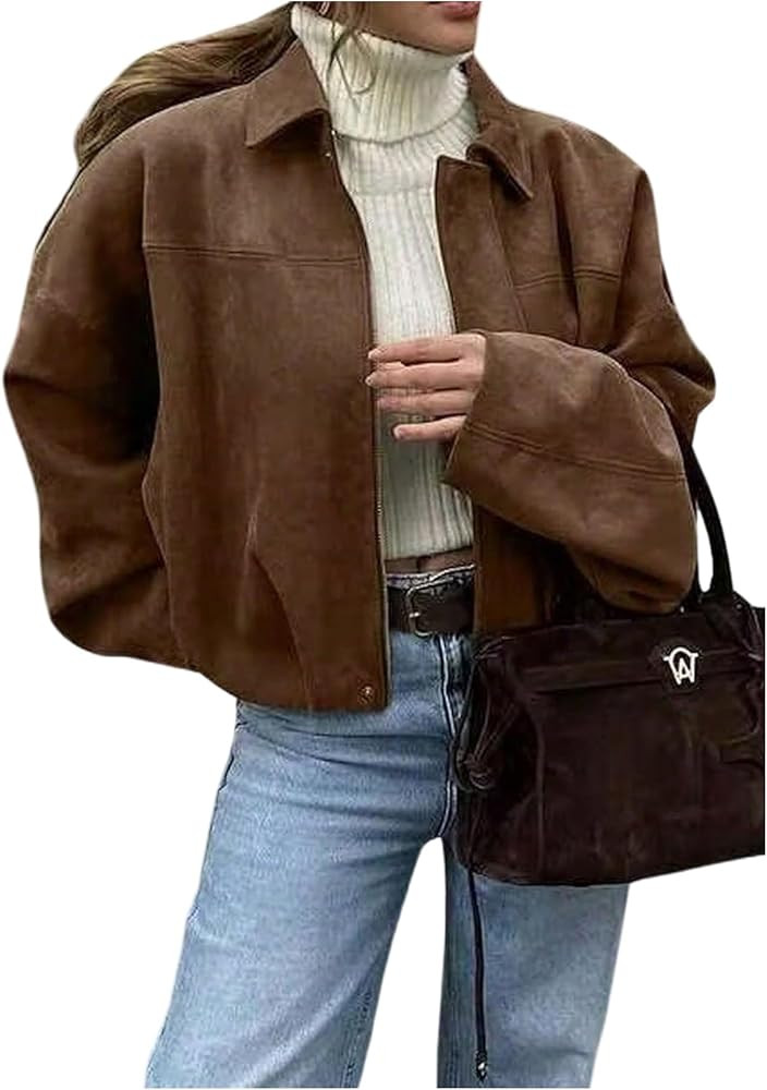 WDIRARA Chaqueta bomber de manga larga con cremallera de gamuza sintética para mujer | Amazon (US)