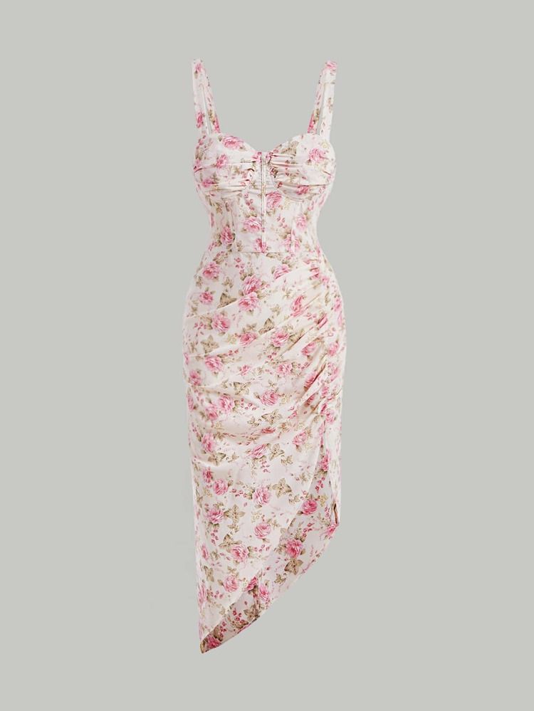 SHEIN MOD Allover Floral Print Ruched Bust Asymmetrical Hem Dress | SHEIN
