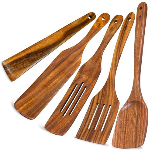 Vorisebo 5 PCS Wooden Spatula for Cooking, Natural Teak Wooden Utensil Set, Non-Toxic Wood Cooking Utensil, Handmade Comfort Grip Wood Spoons for Nonstick Cookware | Amazon (US)