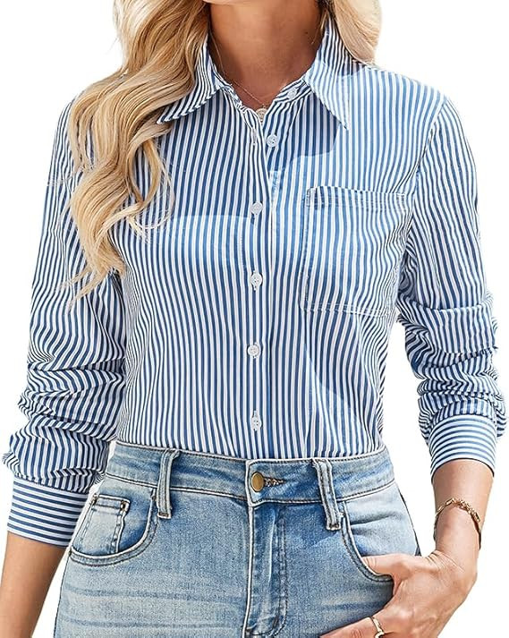 IBAOTORONI Women’s Striped Button Down Shirt Cotton Long Sleeve Collared Casual Work Stripe Blo... | Amazon (US)