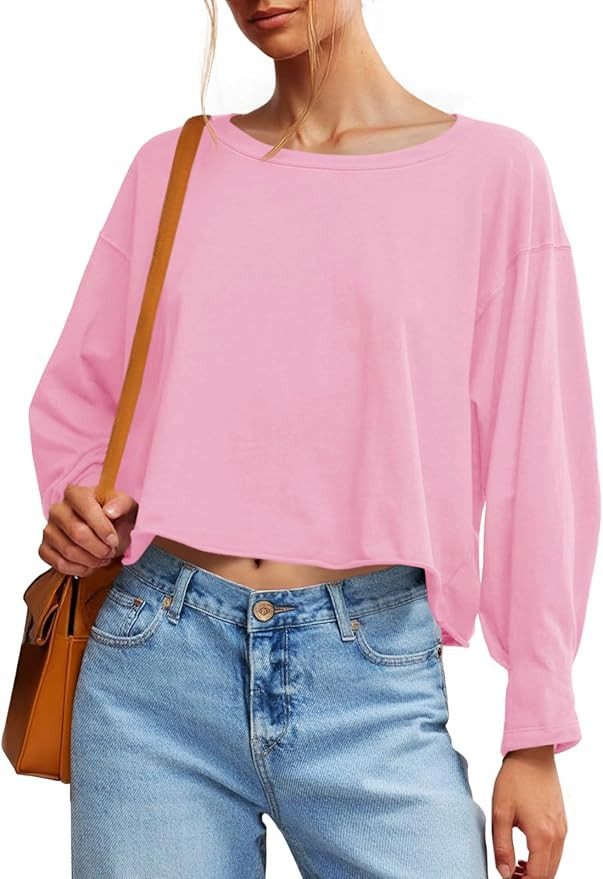 Fisoew Womens Long Sleeve Crop Tops Loose Fit Crew Neck Cropped T Shirts 2025 Casual Workout Tee ... | Amazon (US)