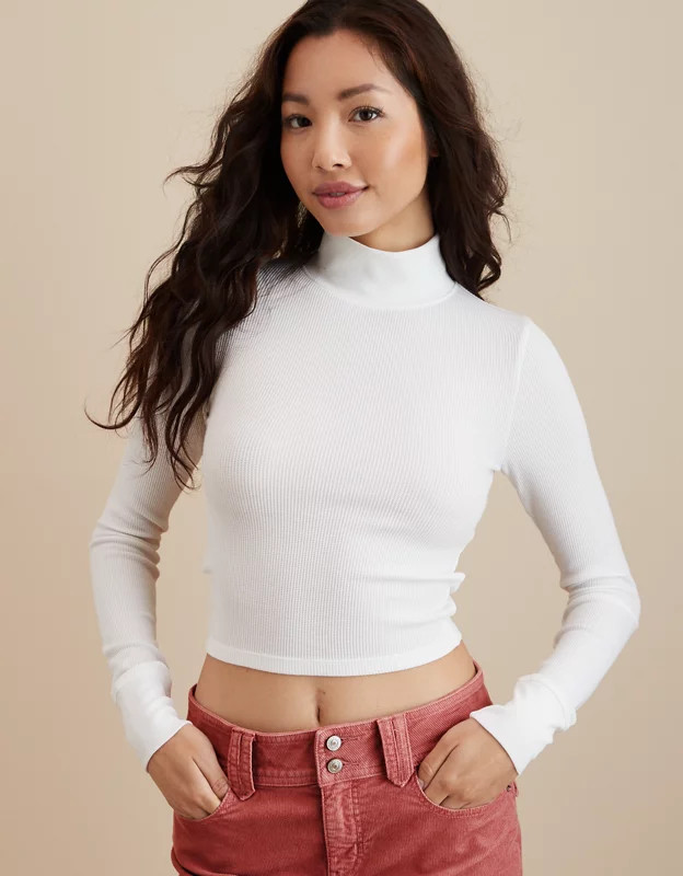 AE Long-Sleeve Cropped Hey Baby Mock Neck Tee | American Eagle Outfitters (US & CA)