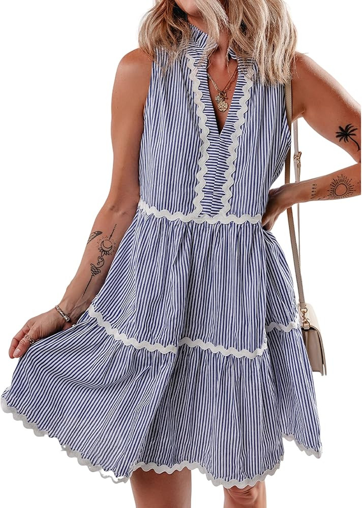 SELINK Striped Summer Dresses for Women 2025 Notched V Neck Flowy Sleeveless Colorblock RIC Rac M... | Amazon (US)