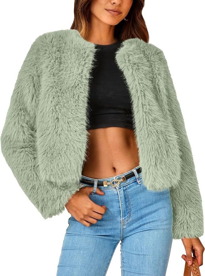 PRETTYGARDEN Women's 2024 Winter Coats Fleece Cropped Jacket Faux Fur Long Sleeve Pockets Shaggy ... | Amazon (US)