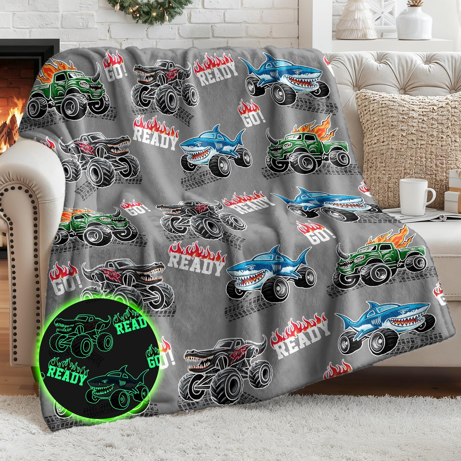 Monster Cars Gifts for Boys Girls - Trucks Glow in The Dark Blanket Toys for Birthday Christmas V... | Amazon (US)