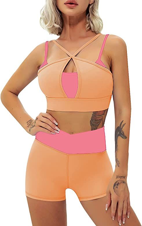 Workout Sets for Women 2 Piece Layered Cut Out Sport Bra and Warap V Waist Running Shorts Gym Yog... | Amazon (US)