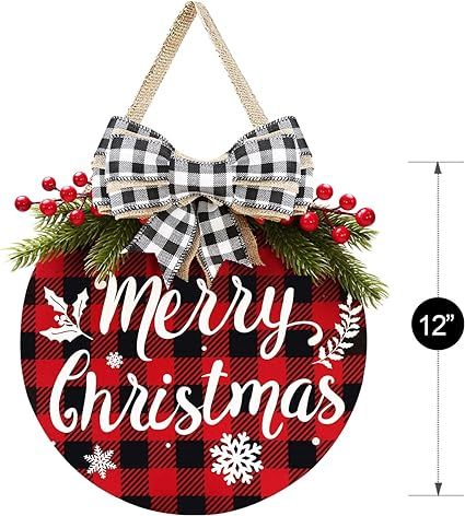 Christmas Wreath - Buffalo Plaid Xmas Decorations - Winter Wreaths Merry Christmas Sign for Holid... | Amazon (US)