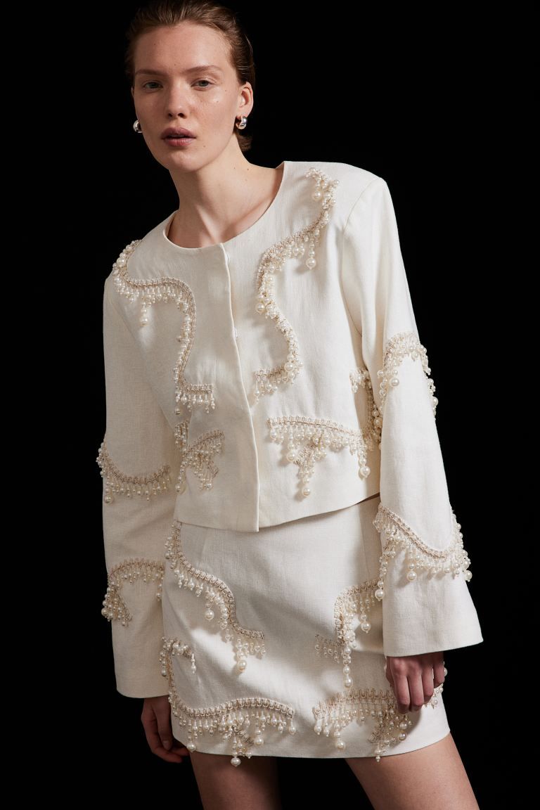 Bead-embellished linen jacket - White - Ladies | H&M GB | H&M (UK, MY, IN, SG, PH, TW, HK)