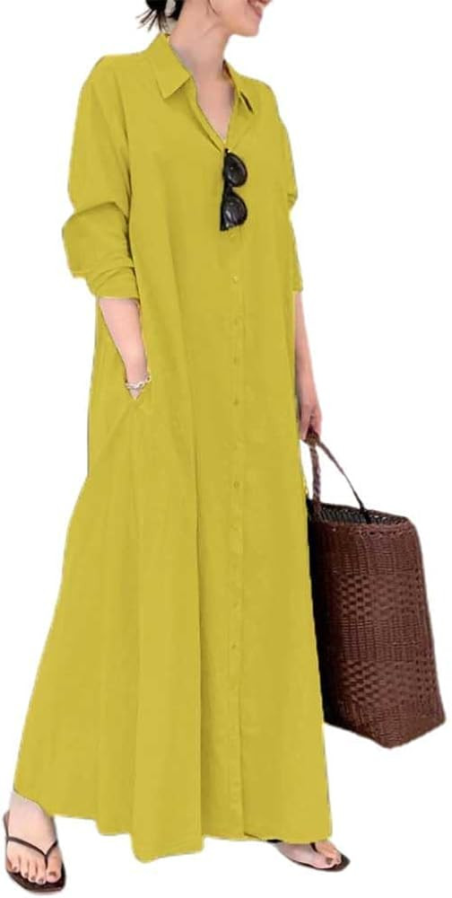 chouyatou Women's Basic Loose Fit Long Sleeve Button Up Maxi Shirt Dress with Pockets | Amazon (US)