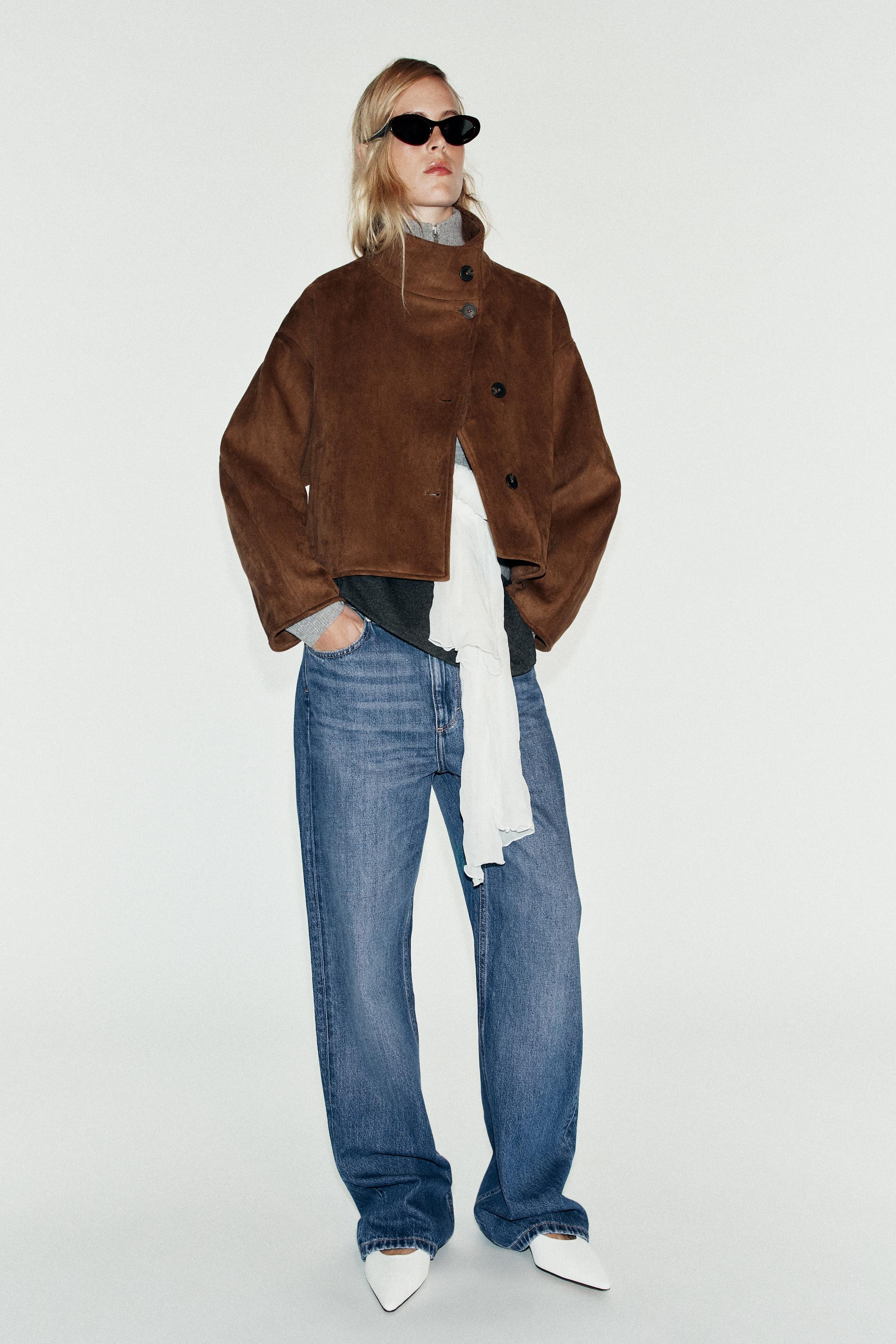 Zara - Short Faux Suede Jacket - Women - Khaki - Women | Zara US