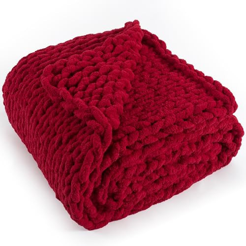 LONG CREATE Chunky Knit Throw Blanket 50"X 60", 100% Handmade with Soft Chenille Yarn, 4.4lbs Thick Cable Knitted Blankets, Large Rope Knot Crochet Throws for Couch Sofa Bed Home Decor, Red | Amazon (US)