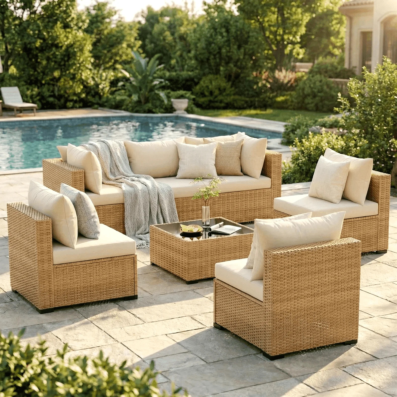 ELPOSUN 7-Piece Patio Furniture Set, Outdoor Conversation Set, All-Weather Wicker Outdoor Sectional Sofa Set with Table & Cushions, Beige | Walmart (US)