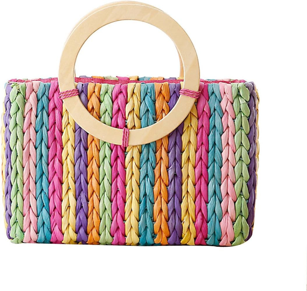 Women Seven Colors Rainbow Woven Bag Fashion Hand Carry Straw Bag Leisure Beach Bag | Amazon (US)