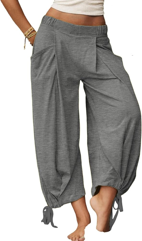 Women’s Baggy Wide Leg Pants Casual Palazzo Trousers Elastic Waist Loose Fit Pants with Pockets | Amazon (US)