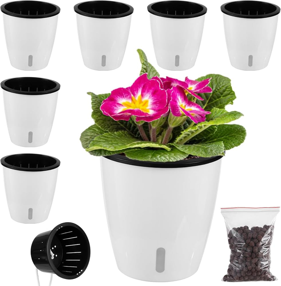 6 Pack-5 Inch White Self Watering Plant Pots for Indoor Plants with Water Indicator and Black Wic... | Amazon (US)