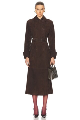 NOUR HAMMOUR Tate Suede Trench Coat in Mocha Suede - Brown. Size 40 (also in 42). | FWRD 