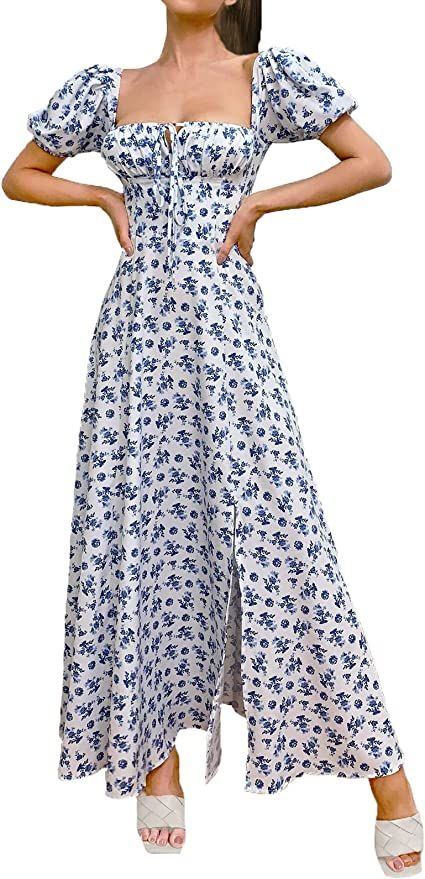 Women's Puff Sleeve Floral Maxi Dress Square Neck Cottagecore Boho Backless Beach Party Cute Long... | Amazon (US)